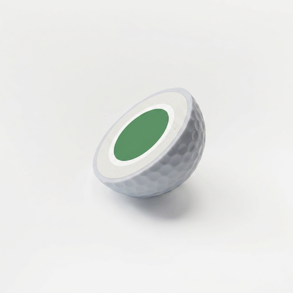 Cross-section of a two-piece range golf ball showing its green solid core and cover