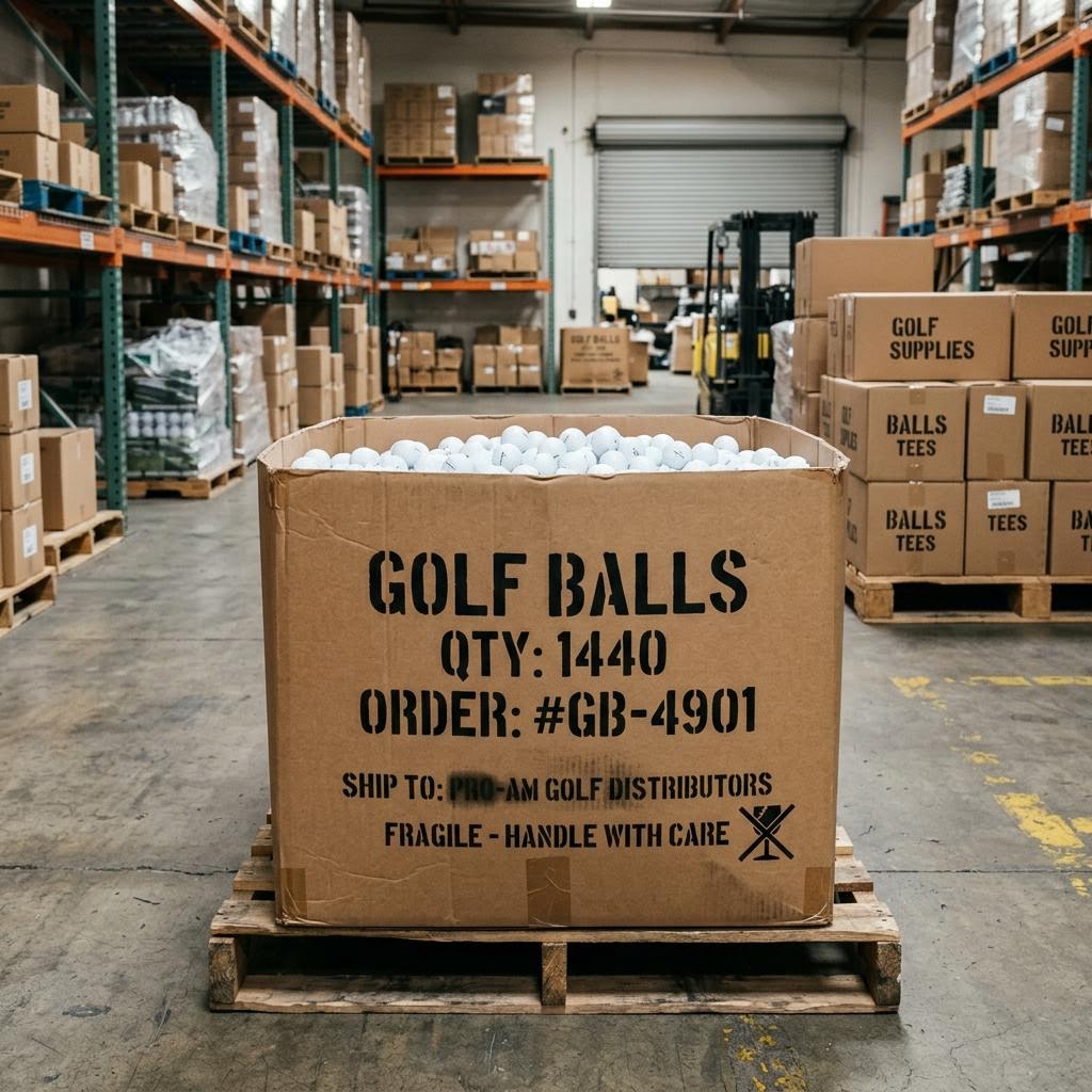 Stenciled corrugated carton used to ship 300 custom printed range balls